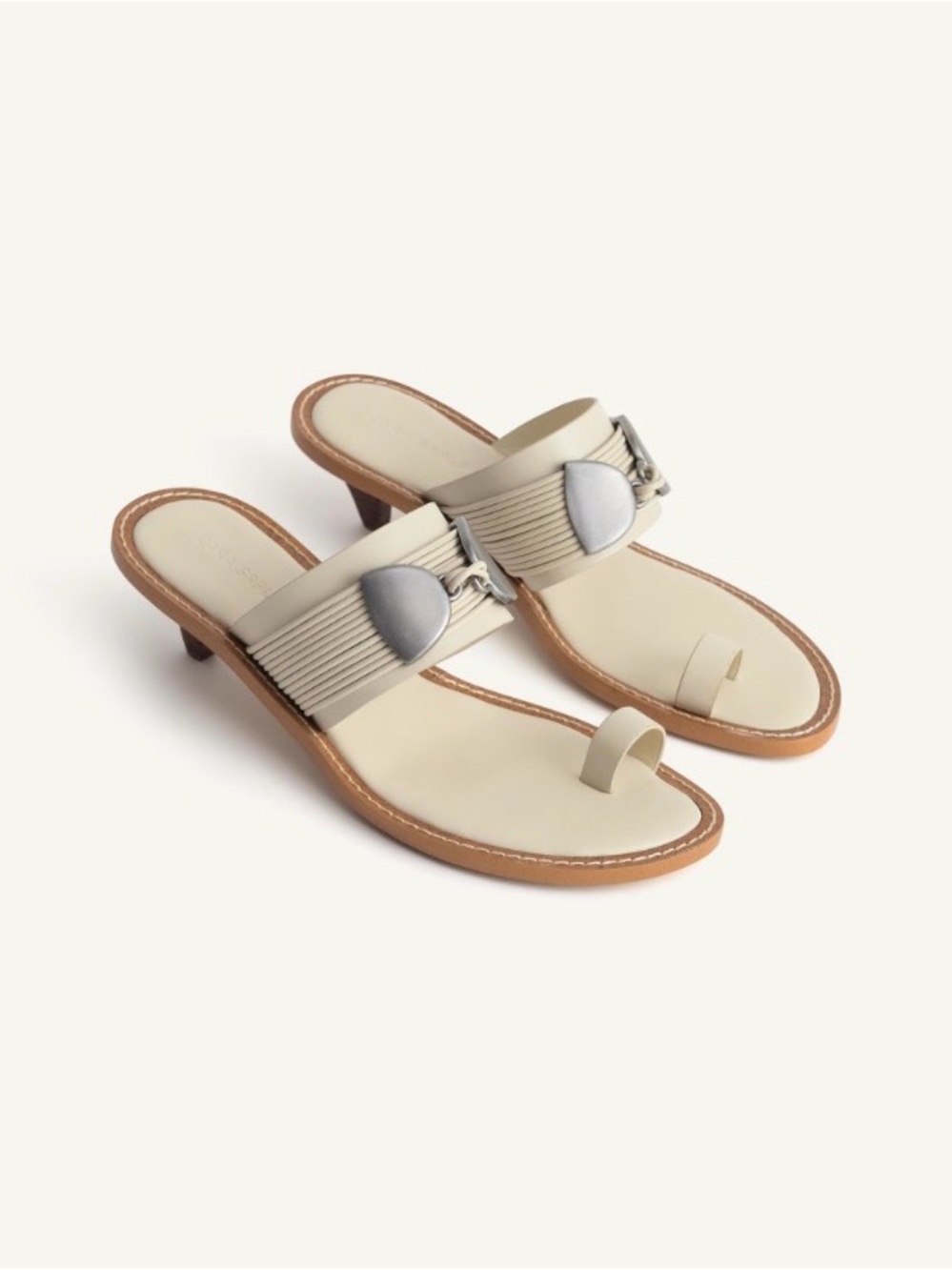 Zara Cream Leather Toe-Ring Mules with Silver Accent